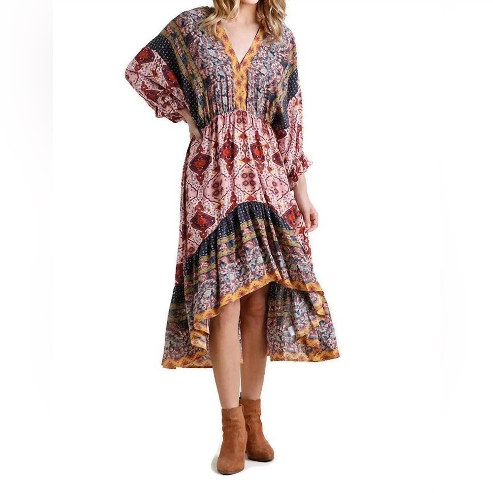 Umgee Vibrant Patchwork Long Sleeve Dress - Picture 2 of 7